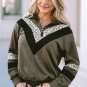 Green Leopard Contrast Splicing Quarter Zip Sweatshirt