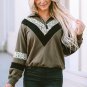 Green Leopard Contrast Splicing Quarter Zip Sweatshirt