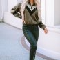 Green Leopard Contrast Splicing Quarter Zip Sweatshirt