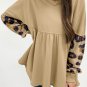 Khaki Leopard Splicing Sleeve Ruffle Loose Sweatshirt