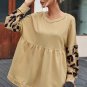 Khaki Leopard Splicing Sleeve Ruffle Loose Sweatshirt
