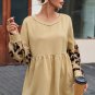 Khaki Leopard Splicing Sleeve Ruffle Loose Sweatshirt