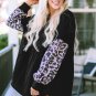 Black Leopard Splicing Sleeve Ruffle Loose Sweatshirt
