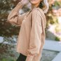 Khaki Buttoned V Neck Drawstring Knit Hoodie