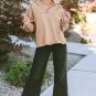 Khaki Buttoned V Neck Drawstring Knit Hoodie