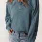 Sea Green Waffle Knit Raglan Sleeve Henley Sweatshirt