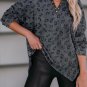 Gray Leopard Print Button Split Neck Waffle Sweatshirt