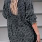 Gray Leopard Print Button Split Neck Waffle Sweatshirt