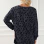 Gray Leopard Print Button Split Neck Waffle Sweatshirt
