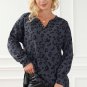 Gray Leopard Print Button Split Neck Waffle Sweatshirt