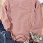 Pink Solid Ribbed Knit Round Neck Pullover Sweatshirt