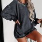 Gray Solid Ribbed Knit Round Neck Pullover Sweatshirt