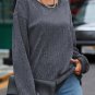 Gray Solid Ribbed Knit Round Neck Pullover Sweatshirt