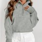 Gray Zip Up Stand Collar Ribbed Thumbhole Sleeve Sweatshirt