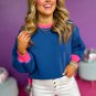 Blue Colorblock Bubble Sleeve Sweatshirt