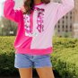 Pink Color Block Sequined Cowgirl Boots Graphic Sweatshirt