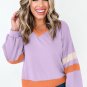 Orchid Bouquet Contrast Rib Knit Patchwork Drop Shoulder V Neck Sweatshirt