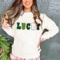White LUCKY Chenille Embroidered Cable Knit Pullover Sweatshirt