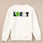 White LUCKY Chenille Embroidered Cable Knit Pullover Sweatshirt