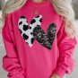 Strawberry Pink Cow and Sequin Double Heart Patch Graphic Sweatshirt