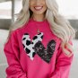 Strawberry Pink Cow and Sequin Double Heart Patch Graphic Sweatshirt