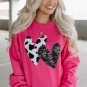 Strawberry Pink Cow and Sequin Double Heart Patch Graphic Sweatshirt