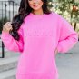 Bright Pink MAMA Letter Embossed Casual Sweatshirt