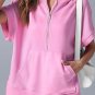 Bonbon Half Zipper Kangaroo Pocket Short Sleeve Hoodie