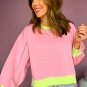 Pink Colorblock Bubble Sleeve Sweatshirt