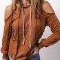 Cinnamon Exposed Seam Cold Shoulder Drawstring Hoodie
