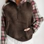 Khaki Printed Plaid Sleeve Patchwork Collared Textured Sweatshirt