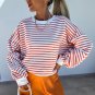 Orange Stripe Drop Shoulder Crew Neck Loose Sweatshirt