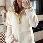 Beige Fleece Colorblock Trim Buttons Collar Sweatshirt with Pocket