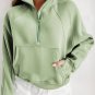 Green Fleece Lined Zip Up Stand Collar Thumbhole Sleeve Sweatshirt