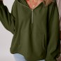 Moss Green Fleece Lined Half Zipper Kangaroo Pockets Loose Hoodie