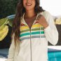 Apricot Colorblock Striped Patchwork Side Pockets Zipper Hoodie