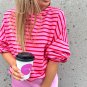 Sachet Pink Striped Print Crew Neck Drop Shoulder Sweatshirt