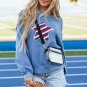Sky Blue Sequin Trim Embroidered Star USA Pattern Sweatshirt