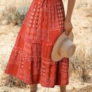 Fiery Red Bohemian Mix Print Long Flared Skirt