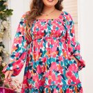 Rose Flower Print Smocked Square Neck Plus Size Dress