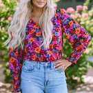 Floral Print Wrap V Neck Long Sleeve Bodysuit