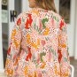 Orange Printed Floral Abstract Print Frilled V Neck Plus Size Blouse