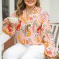 Orange Printed Floral Abstract Print Frilled V Neck Plus Size Blouse