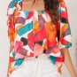 Multicolor Square Neck Abstract Print Short Sleeve Blouse