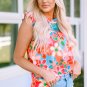 Pink Embroidered Detail Floral Print Ruffle Trim Tank Top
