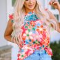 Pink Embroidered Detail Floral Print Ruffle Trim Tank Top