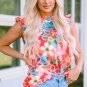 Pink Embroidered Detail Floral Print Ruffle Trim Tank Top