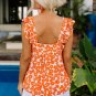 Orange Floral Print Square Neck Ruffle Tank Top
