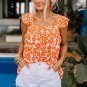 Orange Floral Print Square Neck Ruffle Tank Top