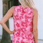 Pink Leopard Frilled Collar Printed Tank Top